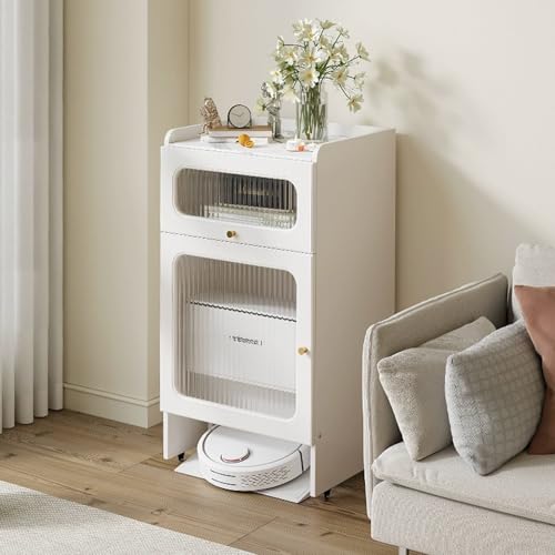 Aufbewahrungsschrank für Saugroboter mit Türen und Schubladen, Versteckter Staubsaugerroboter Ständer mit Rädern für Zuhause Büro Wohnzimmer Garage Ecke Un(White) von HARELA