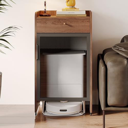 HARELA Aufbewahrungsschrank für Saugroboter mit Türen und Schubladen, Roboterstaubsauger Schrank Aus Holz Mit Rädern, für Wohnzimmer, Schlafzimmer, Badezimmer, Balkon(Walnut,55 * 106cm/21.6 * 41.7in) von HARELA