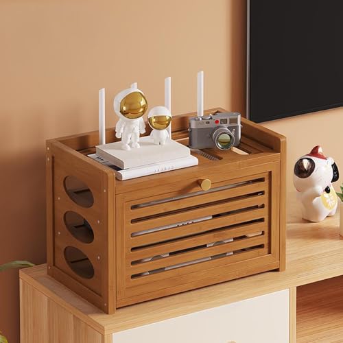 HARELA Home Router Aufbewahrungsbox Versteckte WLAN-Router-Box, Heimmedien-Aufbewahrungsschrank, Schwebendes Regal, Steckdosenleiste und Kabelmanagement-Organizer(Brown,15.7x7.9x11in) von HARELA