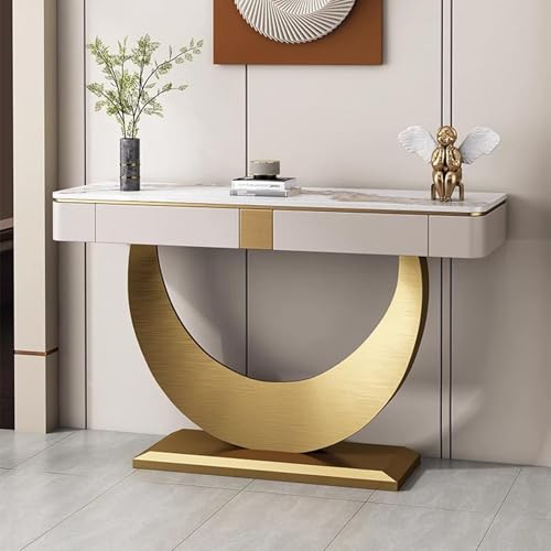 HARELA Konsolentisch industrieller Sofatisch, Beistelltisch mit Metallsockel, Flurtisch mit 2 Schubladen für Wohnzimmer, Eingang, Flur(Gold,100cm/39.4in) von HARELA