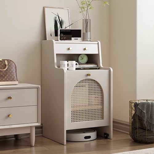 HARELA Saugroboter Ständer Staubsauger, Beistelltisch Wohnzimmer Roboter Standschrank, Roboter Standschrank Bambus Kehrroboter Lagerregal mit verstellbarem Regal und Schublade(White,45cm/17.7in) von HARELA