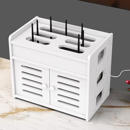 WiFi Aufbewahrungsbox Wireless Router Regal, Netzwerkschrank, Router Schrank, Doppeltür-Design, Multifunktional Aufbewahrungsbox für Büro und Haus(White,30 * 30 * 22cm) von HARELA
