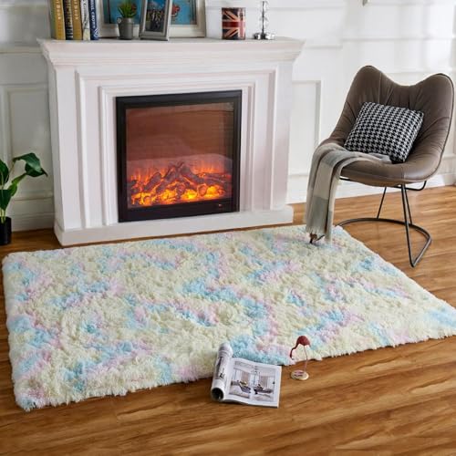 HARESLE Flauschige Teppich Wohnzimmer, Hochflor Teppich Schlafzimmer für Mädchen-Wohnzimmerteppich-Teppiche Kinderzimmer, rutschfeste Waschbarer Teppiche, Dicke Weich Tepich Büro(Regenbogen/90x160cm) von HARESLE