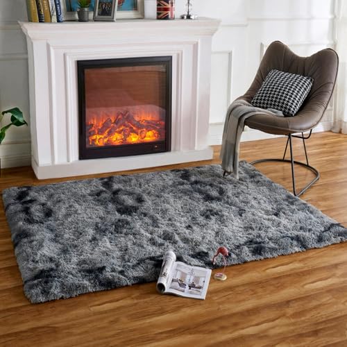 HARESLE Flauschige Teppich Wohnzimmer, Waschbarer Teppich Schlafzimmer, Hochflor rutschfeste Teppiche Kinderzimmer, Moderne Tie Dye Teppiche für Bettumrandung Büro(Dunkelgrau/120x160 cm) von HARESLE