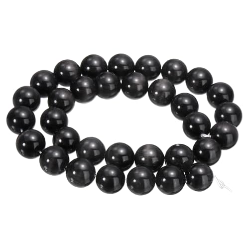 HARFINGTON 32 schwarze Katzenaugen-Steinperlen, 12 mm, rund, glatt, Edelstein-Kristall, lose Perlen für Schmuckherstellung, Armbänder, Halsketten, Ohrringe, DIY von HARFINGTON