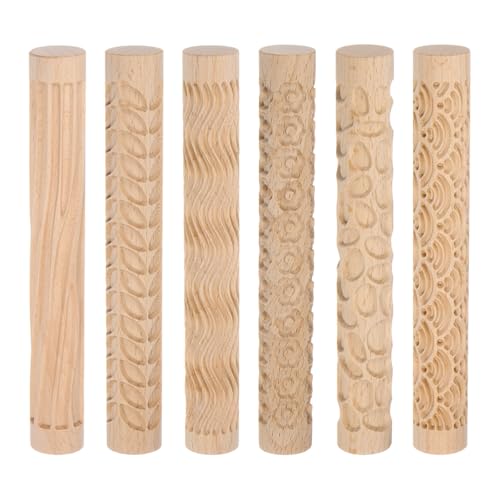 HARFINGTON 6 Stück Holz Ton Roller Muster Modellierung 5,9 Zoll Buchenholz Handrollen Holz Keramik Werkzeuge Holzmaserung Textur Walzen für Ton Backen Spielteig DIY von HARFINGTON
