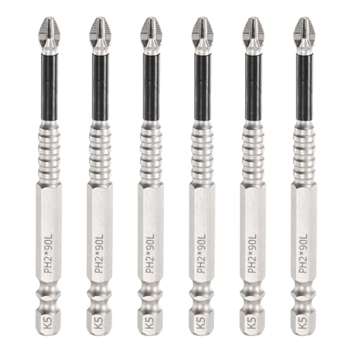HARFINGTON 6 x Schlag-Kreuzschlitz-Schraubendreher-Bits PH2 (#2), rutschfeste Spitze, 1/4-Zoll-Sechskantschaft, 90 mm lang, magnetischer Kreuzschraubendreher, industrielle Bohrer-Bits zum Entfernen von HARFINGTON