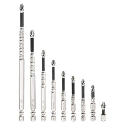 HARFINGTON 9-teiliges Schlag-Kreuzschlitz-Schraubendreher-Bit-Set PH2 (#2), rutschfeste Spitze, 6,35 mm Sechskantschaft, 1 + 2 + 2,56 + 2,76 + 3 + 3,54 + 4 + 4,72 + 12,7 cm magnetischer von HARFINGTON