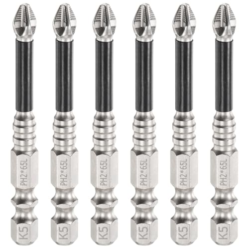 HARFINGTON Schlag-Kreuzschlitz-Schraubendreher-Bits PH2 (#2), rutschfeste Spitze, 6,35 mm Sechskantschaft, 65 mm lang, magnetischer Kreuzschraubendreher, industrielle Bohrer-Bits zum Entfernen von von HARFINGTON