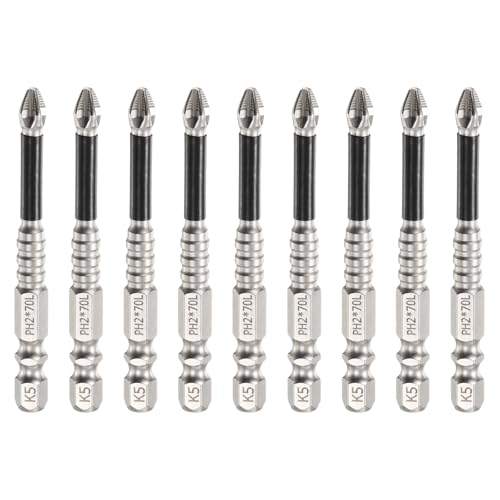 HARFINGTON Schlag-Kreuzschlitz-Schraubendreher-Bits PH2 (#2), rutschfeste Spitze, 6,35 mm Sechskantschaft, 70 mm lang, magnetischer Kreuzschraubendreher, industrielle Bohrer-Bits zum Entfernen von von HARFINGTON
