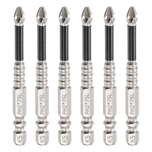 HARFINGTON Schlag-Kreuzschlitz-Schraubendreher-Bits PH2 (#2), rutschfeste Spitze, 6 mm Sechskantschaft, 75 mm lang, magnetischer Kreuzschraubendreher, industrielle Bohrer-Bits zum Entfernen von von HARFINGTON