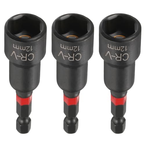 HARFINGTON Steckschlüssel-Bohrer, 12 mm, metrischer Stecknuss, 6,35 mm Sechskantschaft, 65 mm lang, magnetische 6-Punkt-Stecknüsse, Schnellwechsel, phosphatierter CR-V-Stahl, Bolzen-Setter für von HARFINGTON
