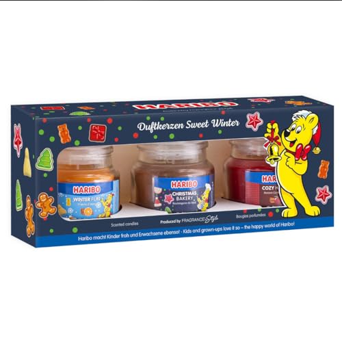 Haribo Duftkerze im Glas | Duftkerzen Set | Haribo Kerzen | 3 kleine Duftkerzen als Geschenkset (3x85g) | Kerzenset Geschenkset | Duftkerze Weihnachten | Geschenkidee von HARIBO