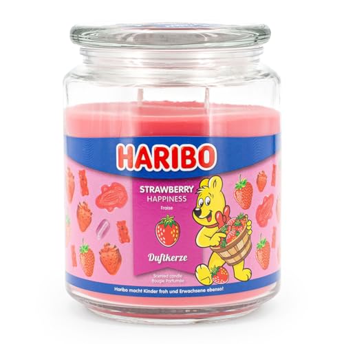 Haribo Duftkerze im Glas mit Deckel | Strawberry Happiness | Duftkerze Fruchtig | Kerzen lange Brenndauer (100h) | Kerzen Rosa | Duftkerze Groß (510g) von HARIBO