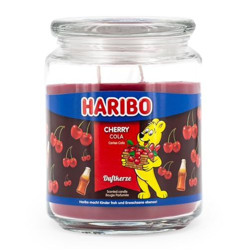 Haribo Duftkerze im Glas mit Deckel | Cherry Cola | Duftkerze Fruchtig | Kerzen lange Brenndauer (100h) | Kerzen Rot | Duftkerze Groß (510g) von HARIBO