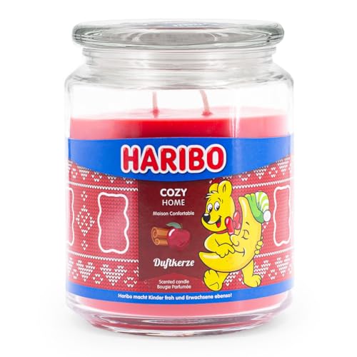 Haribo Duftkerze im Glas mit Deckel | Cozy Home | Duftkerze Winter | Kerzen lange Brenndauer (100h) | Kerzen Rot | Duftkerze Groß (510g) von HARIBO