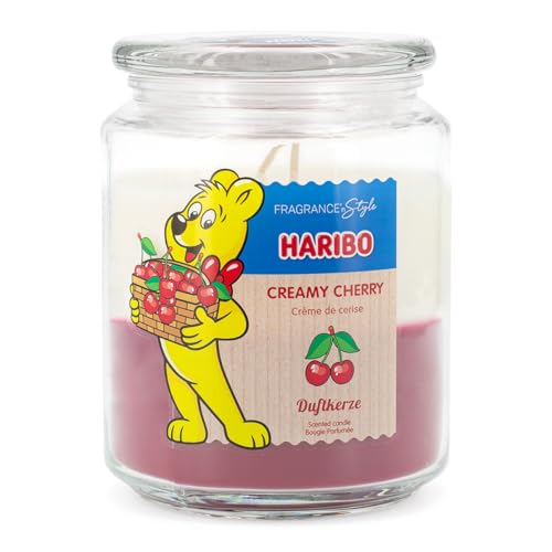 Haribo Duftkerze im Glas mit Deckel | Creamy Cherry | Duftkerze Fruchtig-Süß | Kerzen lange Brenndauer (100h) | 2 Schichten Kerze im Glas | Duftkerze Groß (510g) von HARIBO