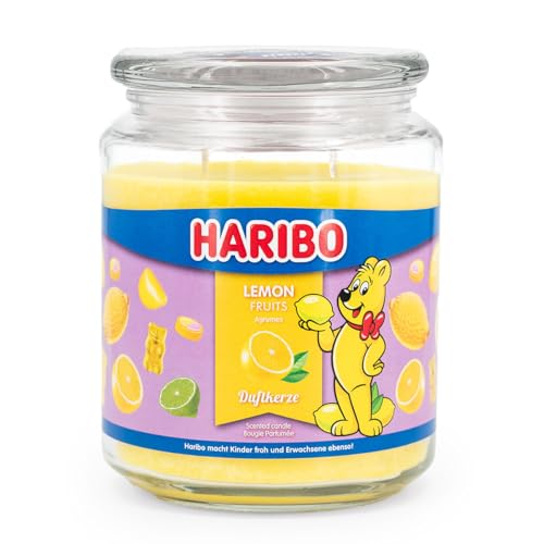 Haribo Duftkerze im Glas mit Deckel | Lemon Fruits | Duftkerze Zitrone | Kerzen lange Brenndauer (100h) | Geschenke für Frauen | Duftkerze Groß (510g) von HARIBO
