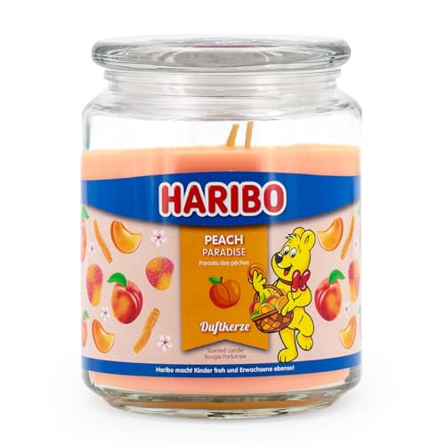 Haribo Duftkerze im Glas mit Deckel | Peach Paradise | Duftkerze Fruchtig | Kerzen lange Brenndauer (100h) | Geschenke für Frauen | Duftkerze Groß (510g) von HARIBO