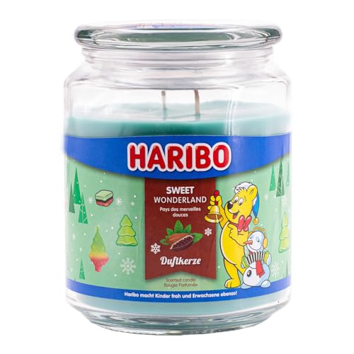 Haribo Duftkerze im Glas mit Deckel | Sweet Wonderland | Duftkerze Winter | Kerzen lange Brenndauer (100h) | Kerzen Grün | Duftkerze Groß (510g) von HARIBO