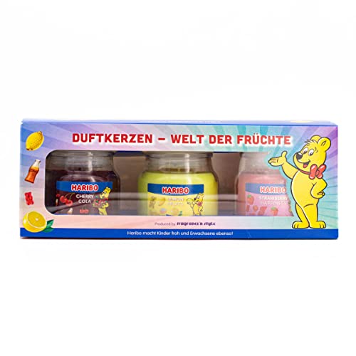 Haribo Duftkerzen im Glas | Haribo Geschenk | Kleine Duftkerzen (3x85g) | Duftkerzen im Glas Set | Duftkerze Lemon, Erdbeere & Cherry Cola | Kerzenset Geschenk von HARIBO