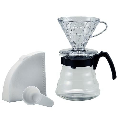 Hario Craft Kit V60 Tropfer aus Kunststoff mit Kaffeezubereiter aus Glas, Messlöffel und Filtern, Borosilikat, Schwarz, Größe 2 von HARIO