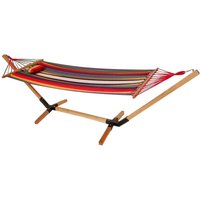 Hängematte Hängeliege Liege Liegefläche Gartenliege, Hartholz Baumwolle mehrfarbig rot, LxBxH 310x100x100cm von HARMS