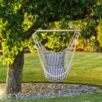 Hängesitz Garten Hängesessel mit Sitzkissen Hängematte zum sitzen, Baumwolle blau weiß Holz, max. 120kg, BxT 60x70 cm von HARMS