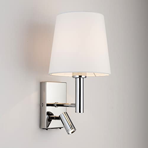 HARPER LIVING 1xE27/ES Up Down Wandleuchte mit Einstellbar LED Leselicht, 1 USB Hafen und 2 an/aus schaltet, poliertes Chromende, weißer Stoffschirm, (Zylinder Schatten) von HARPER LIVING