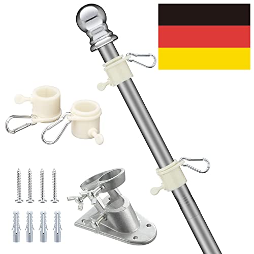 HARRMS Fahnenmast 2m mit Deutschlandfahne, Fahnenmast-Kit mit Aluminium Halterung, strapazierfähige Flaggenmast aus Edelstahl für Garten, Außenbereich, Dach, Wände, Hof von HARRMS