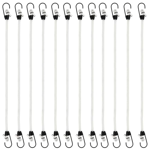 HARSKIYER 45,7 cm kleine Bungee-Seile mit Haken, 12 Stück, weiße Gummiseile mit schwarzen Haken, elastische Bungee-Gurte für Outdoor, Camping, Fahrrad, Auto, Zelte von HARSKIYER