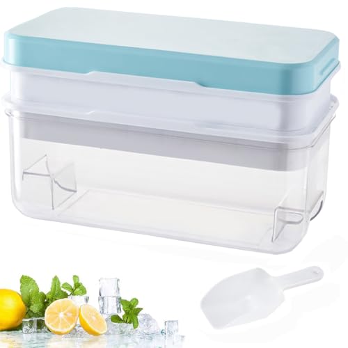 HASA zone 64 Stück Eiswürfelbehälter mit Deckel,Einfaches Drücken, um das Eis zu lösen, Kühlen von Cocktail, Whiskey, Kaffee, 2 Eiswürfelbehälter, 1 Behälter und 1 Eisportionierer (Blau) von HASA zone
