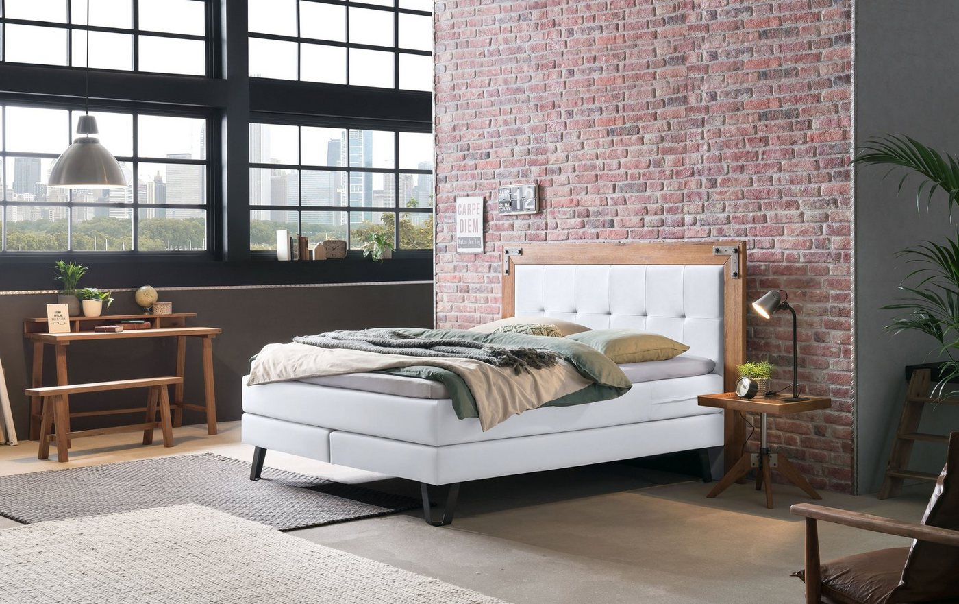 HASENA Boxspringbett Oakland, Boxspringbett, Industrial Look, Kopfteil aus Wildeiche, Used-Look von HASENA