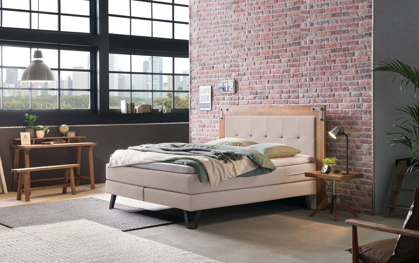 HASENA Boxspringbett Oakland, Boxspringbett, Industrial Look, Kopfteil aus Wildeiche, Used-Look von HASENA