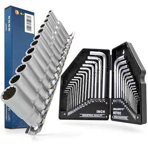 HASKYY 42 tlg. Werkzeugset Steckschlüsselsatz Stecknüsse Langnüsse 5/32" - 9/16" Zwölfkant Einsatz 12 tlg. mit Innensechskant Winkelschlüssel Satz HX - SAE 0.028-3/8" - Metrisch 0,7-10mm 30 tlg. von HASKYY
