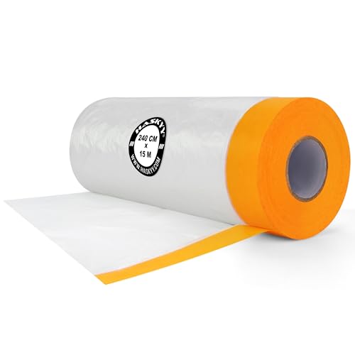 HASKYY Maler Abdeckfolie mit Klebeband Malerfolie stark wasserdicht Abdeckband 240cm x 15m Selbstklebende 36m² Rolle Goldband Masker Tape Transparent Baufolie Malerkrepp von HASKYY