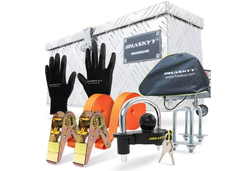 HASKYY Aufbewahrungsbox Anhängerbox mit 2x Spanngurte Anhängerschloss Deichselhaube Handschuhe HASKYY Aufbewahrungsbox Anhängerbox mit 2x Spanngurte Anhängerschloss Deichselhaube Handschuhe von HASKYY