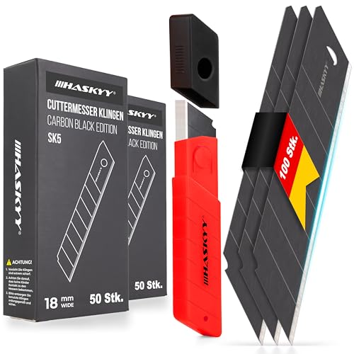 HASKYY Cuttermesser Abbrechklingen Ersatzklingen 100x SK5 Klingen 18mm aus Carbonstahl für Teppichmesser – Cutterklingen – Schwarz – extrem scharf von HASKYY