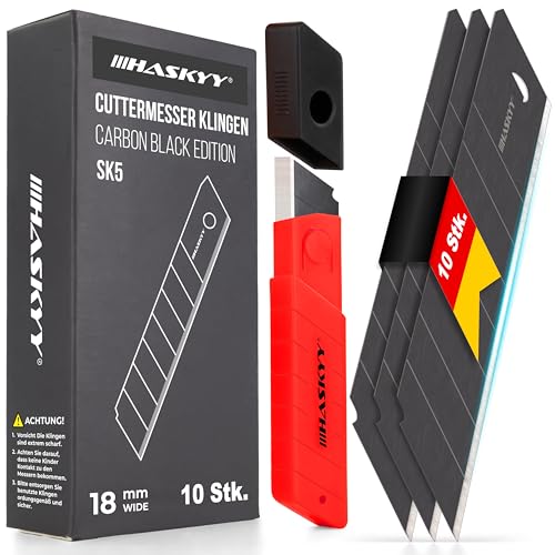 HASKYY Cuttermesser Abbrechklingen Ersatzklingen 10x SK5 Klingen 18mm aus Carbonstahl für Teppichmesser – Cutterklingen – Schwarz – extrem scharf HASKYY Cuttermesser Abbrechklingen Ersatzklingen 10x SK5 Klingen 18mm aus Carbonstahl für Teppichmesser – Cutterklingen – Schwarz – extrem scharf von HASKYY