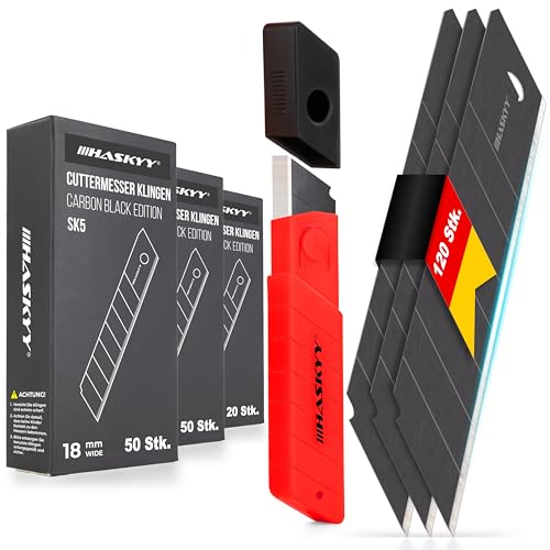 HASKYY Cuttermesser Abbrechklingen Ersatzklingen 120x SK5 Klingen 18mm aus Carbonstahl für Teppichmesser – Cutterklingen – Schwarz – extrem scharf HASKYY Cuttermesser Abbrechklingen Ersatzklingen 120x SK5 Klingen 18mm aus Carbonstahl für Teppichmesser – Cutterklingen – Schwarz – extrem scharf von HASKYY