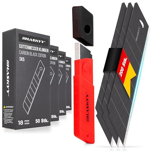 HASKYY Cuttermesser Abbrechklingen Ersatzklingen 200x SK5 Klingen 18mm aus Carbonstahl für Teppichmesser – Cutterklingen – Schwarz – extrem scharf HASKYY Cuttermesser Abbrechklingen Ersatzklingen 200x SK5 Klingen 18mm aus Carbonstahl für Teppichmesser – Cutterklingen – Schwarz – extrem scharf von HASKYY