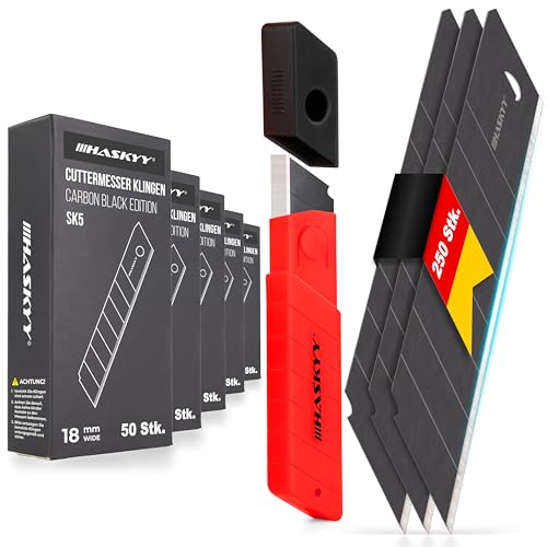 HASKYY Cuttermesser Abbrechklingen Ersatzklingen 250x SK5 Klingen 18mm aus Carbonstahl für Teppichmesser – Cutterklingen – Schwarz – extrem scharf HASKYY Cuttermesser Abbrechklingen Ersatzklingen 250x SK5 Klingen 18mm aus Carbonstahl für Teppichmesser – Cutterklingen – Schwarz – extrem scharf von HASKYY