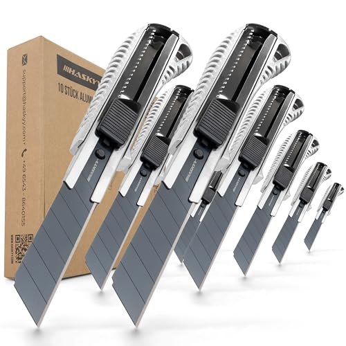 HASKYY Cuttermesser Teppichmesser Cutter Set 18mm 10 Stück SK5-Hochkarbonstah extra scharf, Ergonomischer Alu-Körper & einer speziellen Gummigriffzone, Integrierter Klingenbrecher HASKYY Cuttermesser Teppichmesser Cutter Set 18mm 10 Stück SK5-Hochkarbonstah extra scharf, Ergonomischer Alu-Körper & einer speziellen Gummigriffzone, Integrierter Klingenbrecher von HASKYY