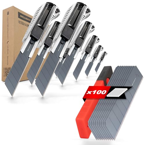 HASKYY Cuttermesser Teppichmesser Kartonmesser 10x Cutter mit 100x SK5 7-Segment-Klingen 18mm Ergonomisch geformter Körper mit Rillen, gummiertem Griffzone und Klingenbrecher von HASKYY