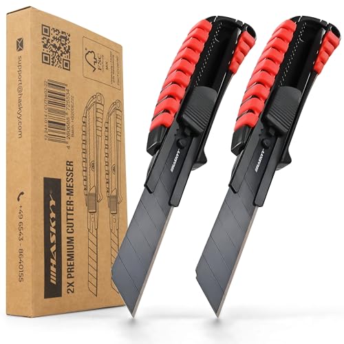 HASKYY Cuttermesser Teppichmesser Universal Professional Set 2x Cutter Messer 18mm mit Extra scharfer SK5 Klinge, Ergonomisch geformter Körper mit Gummirillen & Sicherer Klingenwechsel von HASKYY