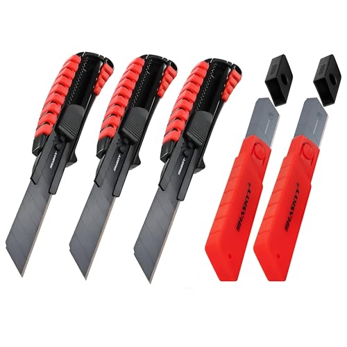 HASKYY Cuttermesser Teppichmesser Universal Professional Set 3 Stück inkl. 20 SK5-Hochkarbonstahl Klingen 18mm, Ergonomischer Anti-Rutsch-Griff, Klingenbrecher, Lock-Funktion von HASKYY