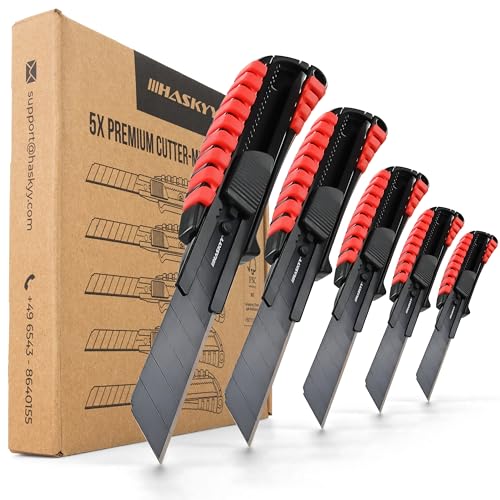 HASKYY Cuttermesser Teppichmesser Universal Professional Set 5x Cutter Messer 18mm mit Extra scharfer SK5 Klinge, Ergonomisch geformter Körper mit Gummirillen & Sicherer Klingenwechsel HASKYY Cuttermesser Teppichmesser Universal Professional Set 5x Cutter Messer 18mm mit Extra scharfer SK5 Klinge, Ergonomisch geformter Körper mit Gummirillen & Sicherer Klingenwechsel von HASKYY