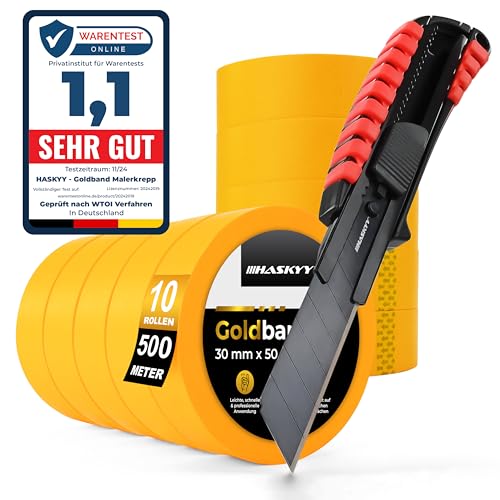 HASKYY Goldband Malerkrepp Kreppband 10x Malerband 30mm x 50m inkl. Aluminium Teppichmesser - Profi Set für scharfe Farbkanten, Selbstklebend Abdeckband, Cuttermesser mit Extra Scharfer SK5 Klinge HASKYY Goldband Malerkrepp Kreppband 10x Malerband 30mm x 50m inkl. Aluminium Teppichmesser - Profi Set für scharfe Farbkanten, Selbstklebend Abdeckband, Cuttermesser mit Extra Scharfer SK5 Klinge von HASKYY