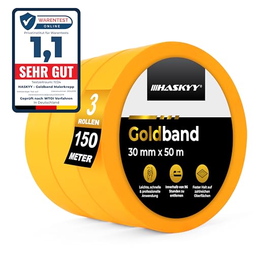 HASKYY Goldband Malerkrepp Kreppband 3x Malerband 30mm x 50m Profi Abdeckband Malertape Klebeband Washi Tape Gold Papiertape Selbstklebend HASKYY Goldband Malerkrepp Kreppband 3x Malerband 30mm x 50m Profi Abdeckband Malertape Klebeband Washi Tape Gold Papiertape Selbstklebend von HASKYY