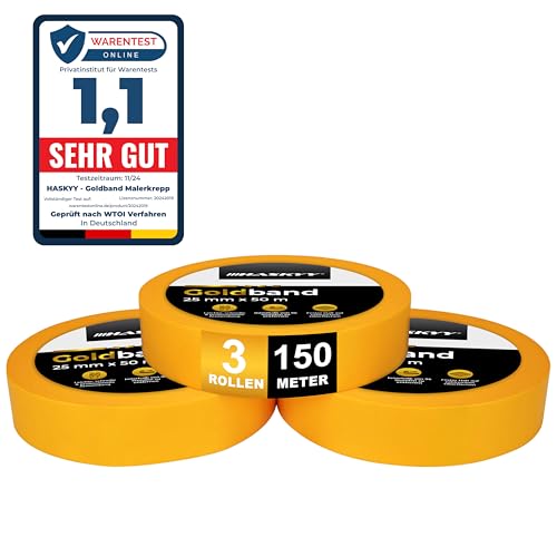 HASKYY Goldband Malerkrepp Kreppband 3x Malerband 25mm x 50m Profi Abdeckband Malertape Klebeband Washi Tape Gold Papiertape Selbstklebend von HASKYY